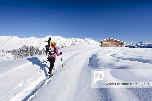 Schneeschuhwanderer beim Aufstieg zur Jagelealm im Ridnauntal oberhalb von Entholz  hinten der Rosskopf und die Telfer Weißen  Südtirol  Italien  Europa