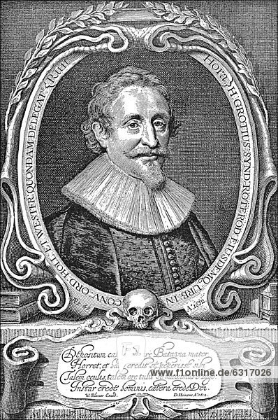 Historische Zeichnung  Portrait von Hugo Grotius oder Huigh oder Hugo de Groot  1583 - 1645  ein politischer Philosoph  Theologe  Rechtsgelehrter und früher Aufklärer aus Holland