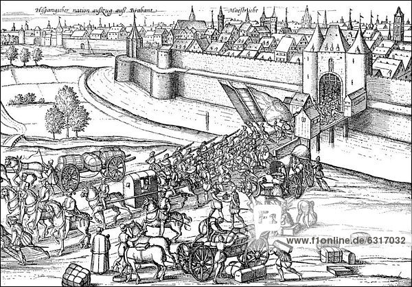 Historic drawing  the Spaniards leaving the Netherlands  departure from the city of Maastricht  Spanish Netherlands  16th century