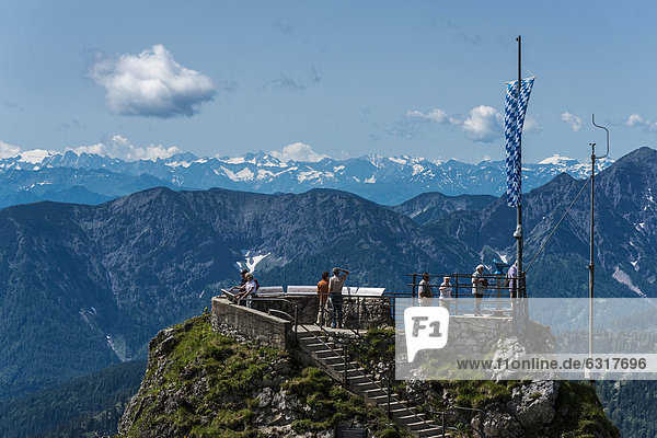 Viewing platform on Wendelstein mountain  panoramic view of the Alps  Mangfall mountains  Bavarian Alps  Upper Bavaria  Bavaria  Germany  Europe