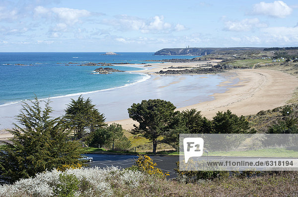 Coastline with a sandy beach camping site in the dunes Cap FrÈhel at back FrÈhel DÈpartement CÙtes d'Armor Brittany France Europe