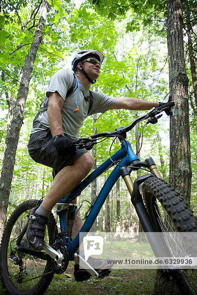 Mann im Wald mit Mountainbike