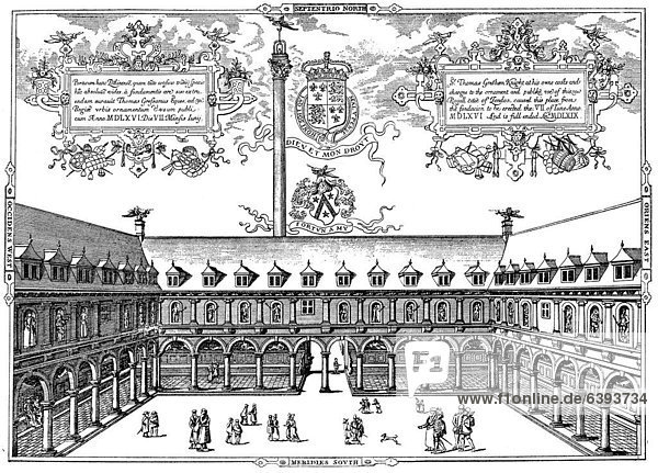 Historical drawing  courtyard of the London stock market in 1569  London  England  United Kingdom