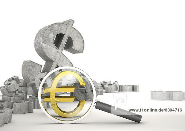 Eurozeichen unter Lupe  dahinter Dollarzeichen  Konzeptbild Währung