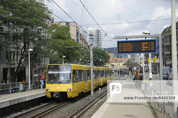 'Stadtbahn  light rail line  line U 15  arriving from Charlottenplatz square at the stop ''Olgaeck''  Stuttgart  Baden-Wuerttemberg  Germany  Europe'