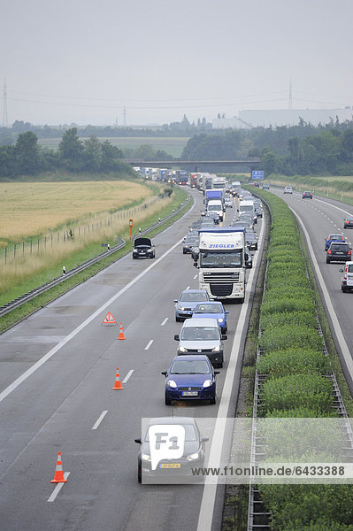 Traffic jam after a rear-end collision on the A 81  Rotenburg am Neckar  Baden-Wuerttemberg  Germany  Europe
