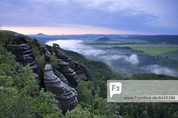 View from Schrammsteine rocks  viewpoint  with morning fog  Saxon Switzerland  Elbe Sandstone Mountains  Saxony  Germany  Europe