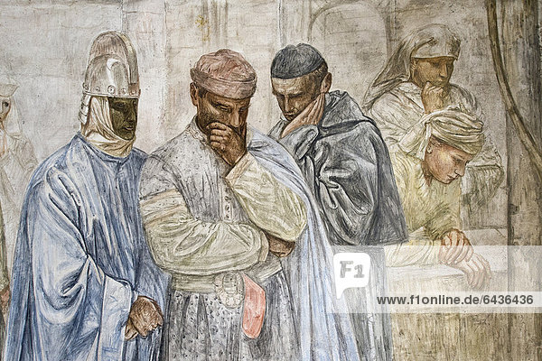 Fresko von Paul Bodmer im Kreuzgang mit Szenen zur Legende um die Gründung der Fraumünsterabtei  Fraumünster  Zürich  Schweiz  Europa