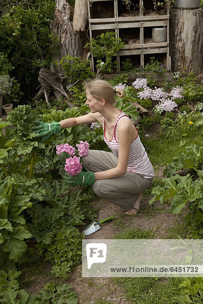 Eine Frau  die in ihrem Garten gärtnerisch tätig ist  mit einem hohen Blickwinkel.