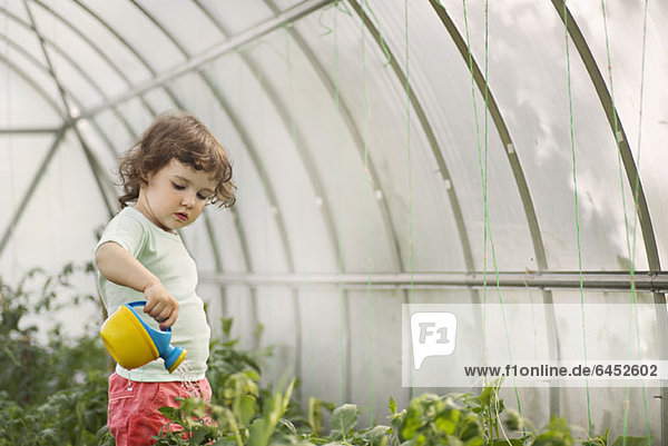 Ein junges Mädchen gießt Pflanzen in einem Gewächshaus.