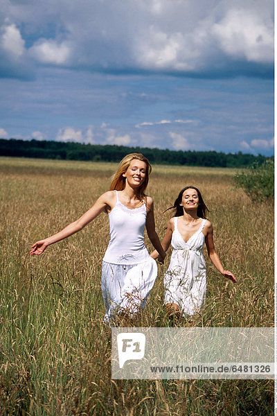 1228747 outdoor day summer people woman girl young 20-25 blonde long haired hair meadow field rest relax vacation smile smiling women girls sister sisters friend friends friendship dress white brunette vertical hand hands hold