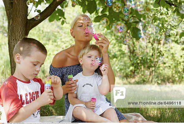 1243656 outdoor day summer garden people child boy 5-10 fair haired children 0-5 girl blondes white tree trees rest relax blouse red white woman young 25-30 blonde long haired dress blue horizontal trousers grey hold soap bubbles bubble play fun