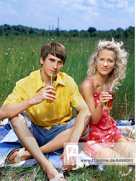 1248376 people woman man girl boy couple boyfriend girlfriend 15-20 20-25 blonde dark haired drink glass glases trinkhalm trinkhalms jouice blanket meadow outdoor summer vertical