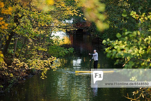 Man rowing paddle board in water