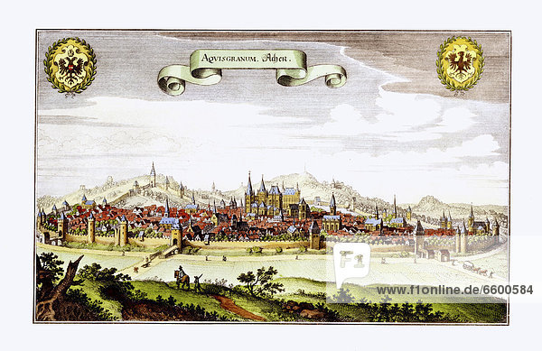 'Historic view of the town of Aachen  Aix-la-Chapelle  1650  coloured  from ''Topographia Germaniae'' by Matthaeus Merian the Elder  continued by his son Matthaeus Merian the Younger'