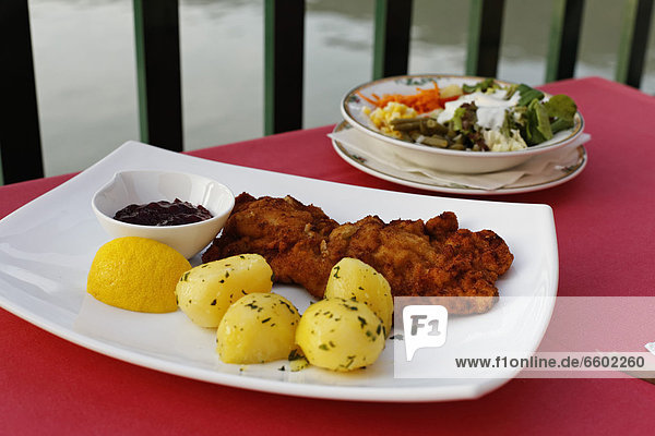 Wiener Schnitzel mit Kartoffeln und Salat  Restaurant-Terrasse von Hotel Donauschlinge  Hausruckviertel  Oberösterreich  Österreich  Europa