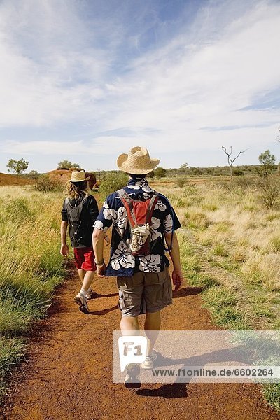 Two Men Walking In Bushland  Rear View