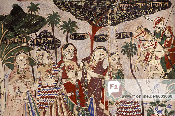 Women  riders  mural painting  Haveli  Shekhawati region  Rajasthan  northern India  India  South Asia  Asia