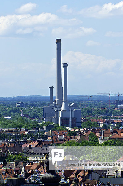 View from St Peter's Church  Alter Peter  to the co-generation power station  Munich  Upper Bavaria  Bavaria  Germany  Europe