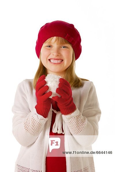 Girl In Red Had And Mitts Holding Snowball