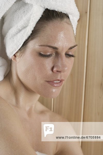 Closeup of woman in sauna
