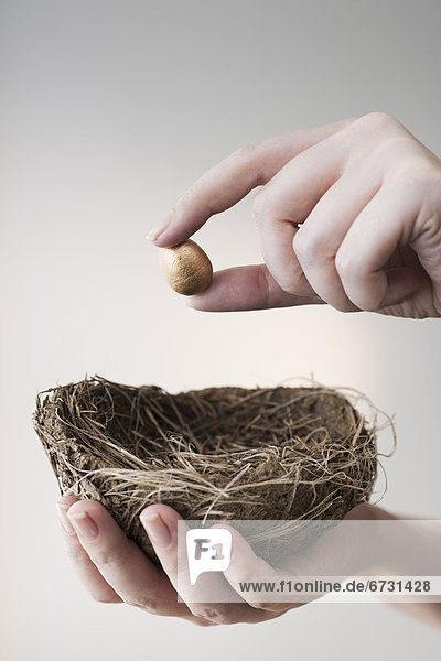 Studio shot of hand putting small gold egg into nest