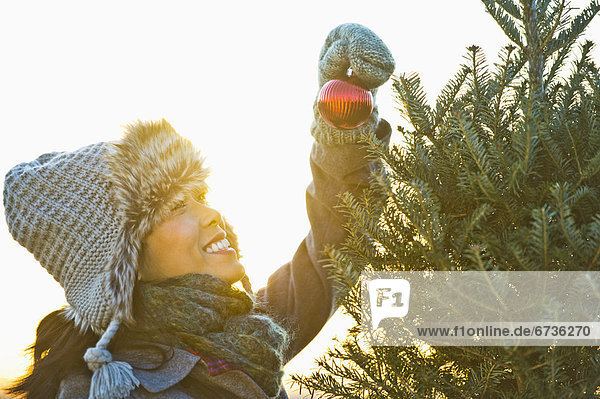 Frau  lächeln  Baum  Weihnachten  schmücken