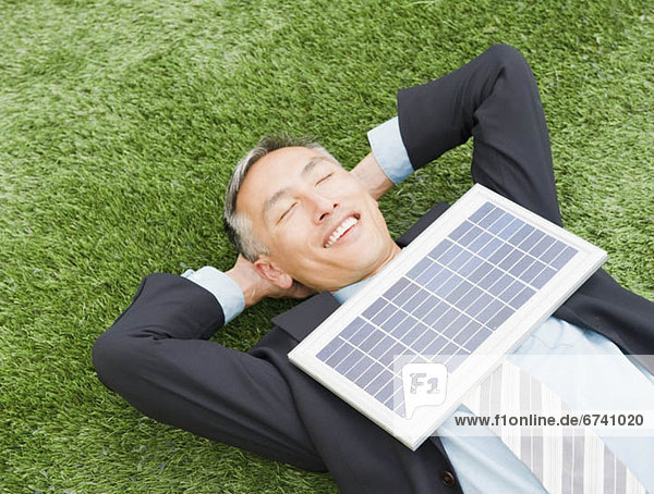 hinter  liegend  liegen  liegt  liegendes  liegender  liegende  daliegen  Fröhlichkeit  Geschäftsmann  geschlossen  Sonnenkollektor  Sonnenenergie  Gras  Tisch