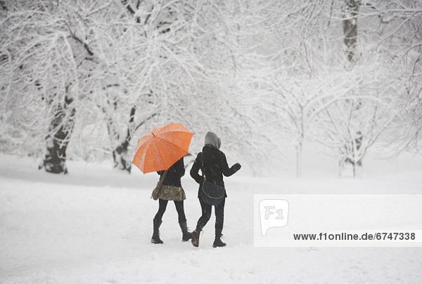 Two girls walking through snowy park