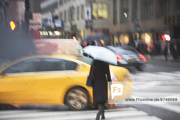 Vereinigte Staaten von Amerika  USA  überqueren  New York City  Regenschirm  Schirm  Fußgänger  New York State  Zebra