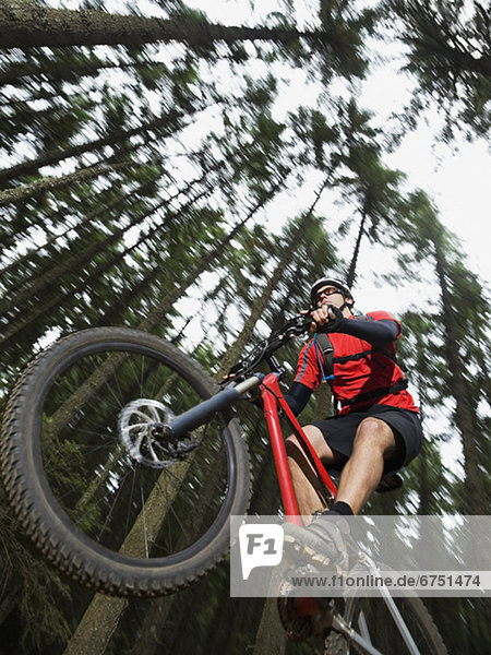 Mountain biker in mid-air in forest