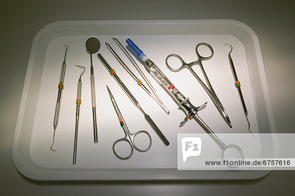 Dentist tools on tray