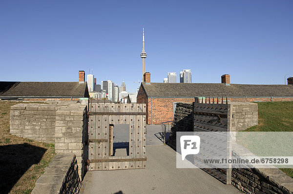 Gates of Fort York  with the CN Tower in the background  Toronto  Ontario