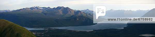 Panoramic of Carcross and Bennett Lake seen from Caribou Mountain  Yukon