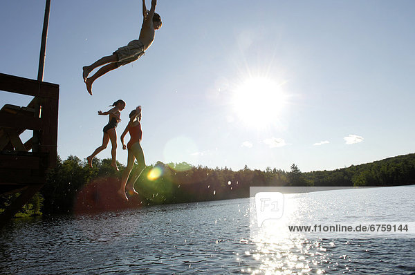 Kids Jumping off Dock into Lake  Lac des Neiges  Quebec