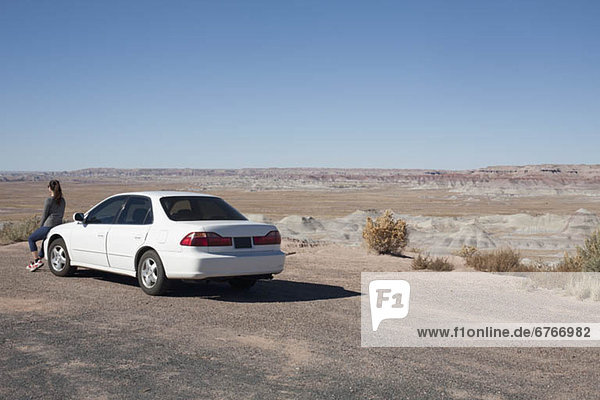 Vereinigte Staaten von Amerika  USA  angelehnt  Frau  sehen  Auto  Arizona  Ansicht  Painted Desert