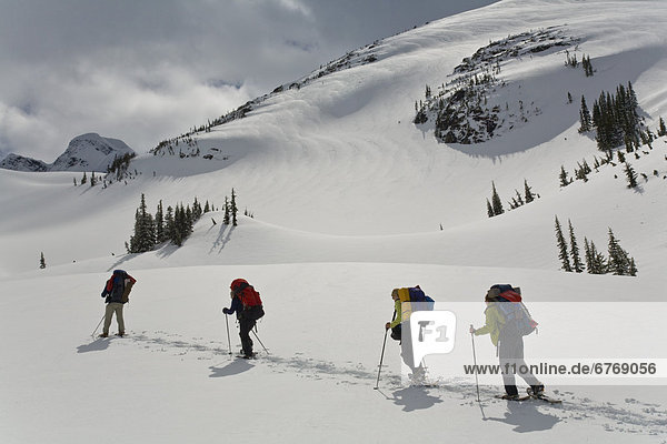 Snowshoers on the Cerise Creek trail enroute to Vantage Pass campsite  British Columbia