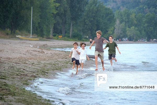 Four brothers racing along shore of Lake Erie  Turkey Point Beach  near Simcoe  Ontario