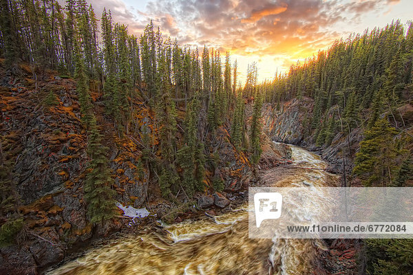 Meltwater raging through the Morley River Canyons sunset  Yukon
