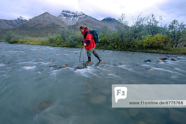 Hiker walking on Rocks to cross a Creek  Snake River  Whitehorse  Yukon