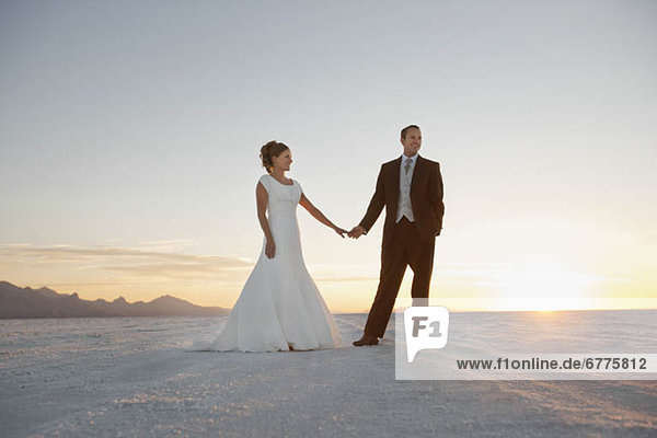 Bride and groom holding hands in desert