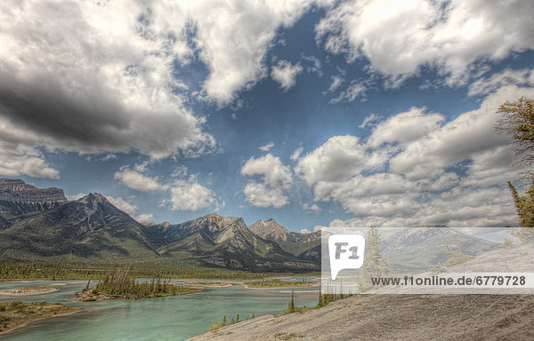 The Athabasca River flowing through Jasper National Park  Alberta