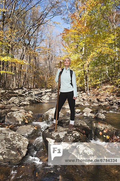Female hiker standing on rock in stream in forest