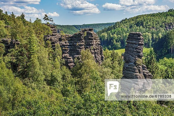 The Rock Leaning Tower front right  German: Schiefer Turm and the Rock Pulpit Tower behind  German: Kanzelturm located are in the climbing area Rosenthal Bielatal National Park Saxon Switzerland  Saxony  Germany  Europe