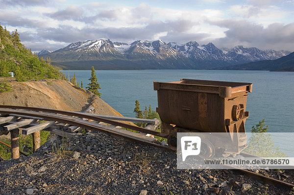 Old railway train above the Tagish Lake at Engineer Creek Mine  British Columbia