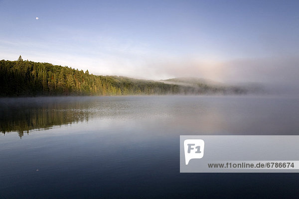 Morning mist with rising moon over Smoke Lake  Algonquin Park  Ontario
