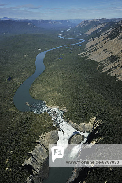 Aerial view of Nahanni River and Virginia Falls  one of Canada's largest waterfalls  Nahanni National Park  Northwest Territories