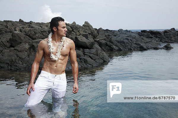 Hawaii  Oahu  Makapuu  attraktive männlich tragen ein Lei stehen in einem schönen kammille