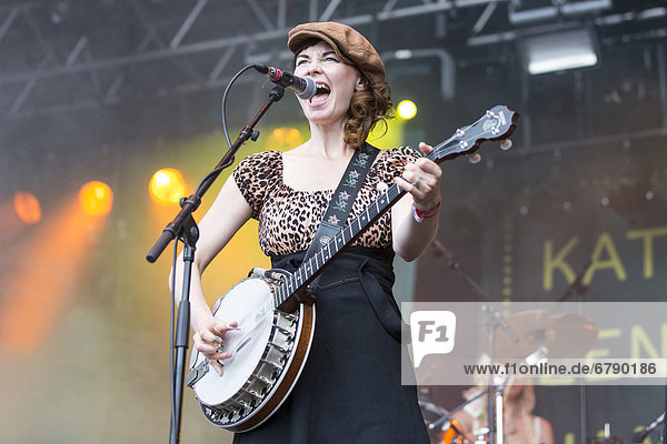 Anne Marit Bergheim with a banjo from the Norwegian girl band Katzenjammer performing live at Heitere Open Air in Zofingen  Aargau  Switzerland  Europe