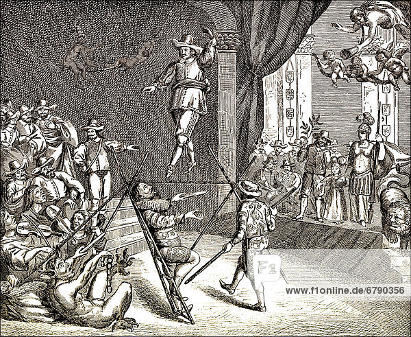 Historische Zeichnung  holländische Karikatur zur schwankenenden Politik in England nach dem Englische Bürgerkrieg  Oliver Cromwell als Seiltänzer